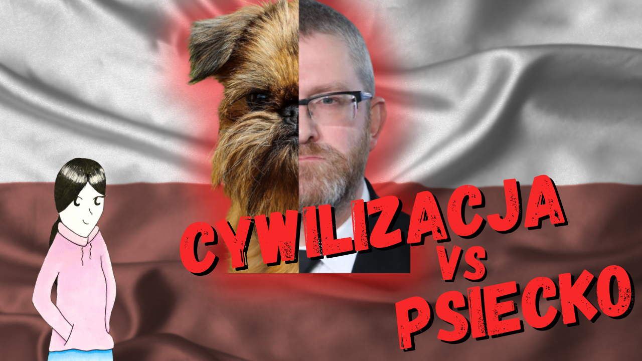 Grzegorz Braun połączony z gryfonikiem brukselskim na tle polskiej flagi
