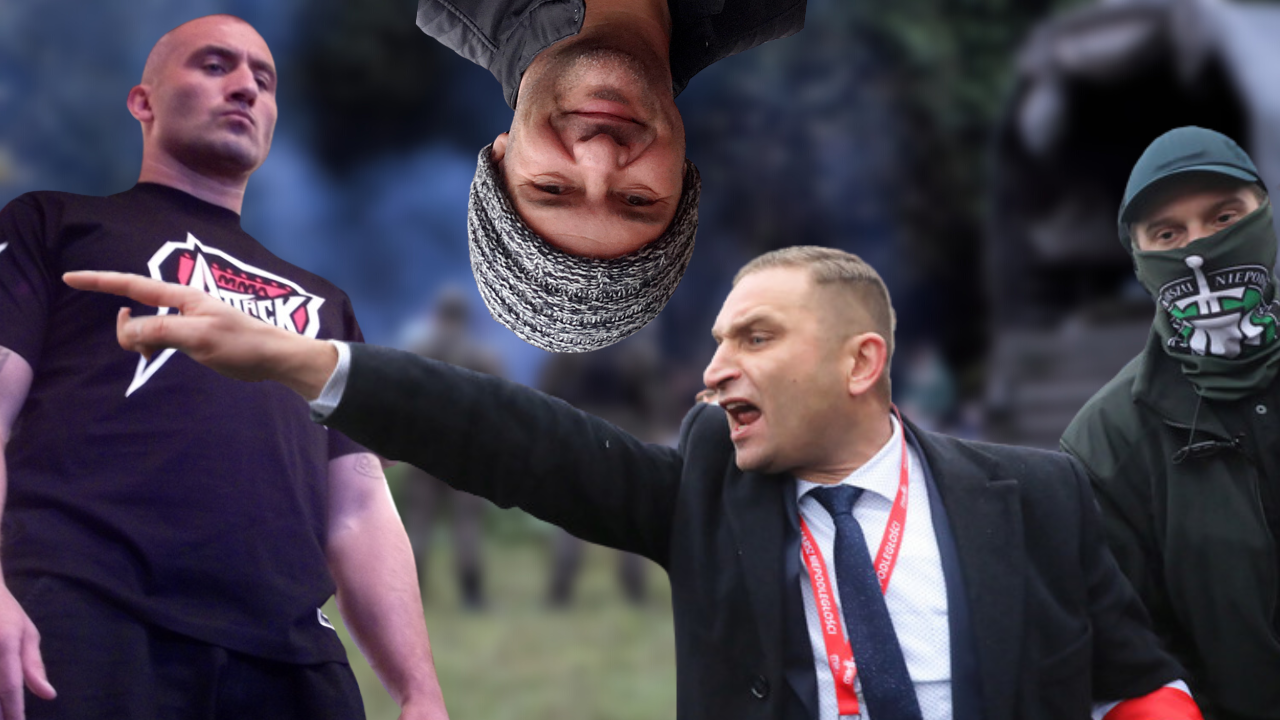 Robert Bąkiewicz, Tomasz Karolak i Marcin Najman na tle zdjęć z polsko-białoruskiej granicy.